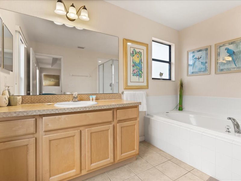 Master bathroom with a sink and separate tub