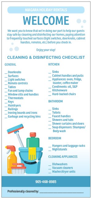 Cleaning checklist signed off by the housekeeper after each clean to be left for the guests