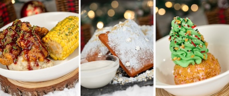 Golden Oak Outpost offering a Holiday Chicken Nugget Platter, Festive Beignets and Fried Ice Cream Christmas Tree