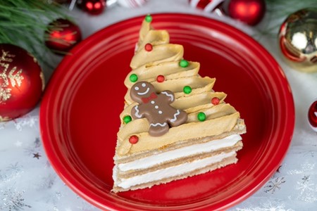 Columbia Harbour House offering Gingerbread chiffon cake with cream cheese frosting, dulce ganache, and a chocolate piece.