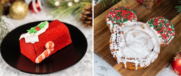 Letter To Santa: Flourless chocolate cake with hot cocoa mousse and marshmallow.
Mickey-shaped Cinnamon Roll: With holiday-themed icing.