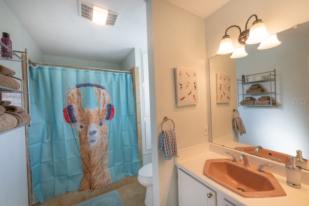 Bathroom offers walk-in shower, single vanity and plush towels.