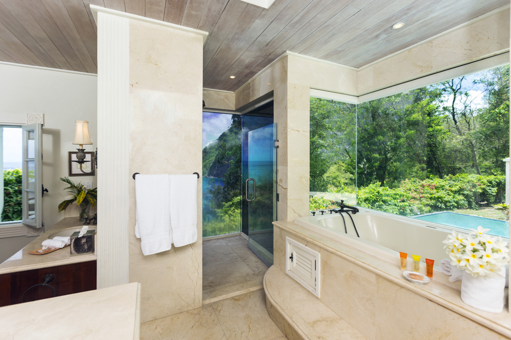 Master bathroom with glass shower bringing in the World Heritage site views.