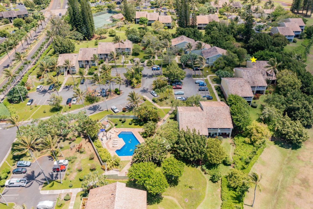 Aerial Shot of Kuilima Estates East - Unit Depicted with a Yellow Star
