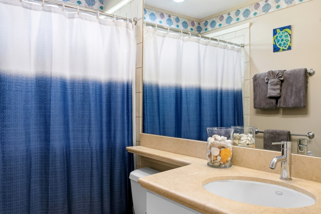 Coastal-themed bathroom with stylish blue shower curtain and seashell decor.