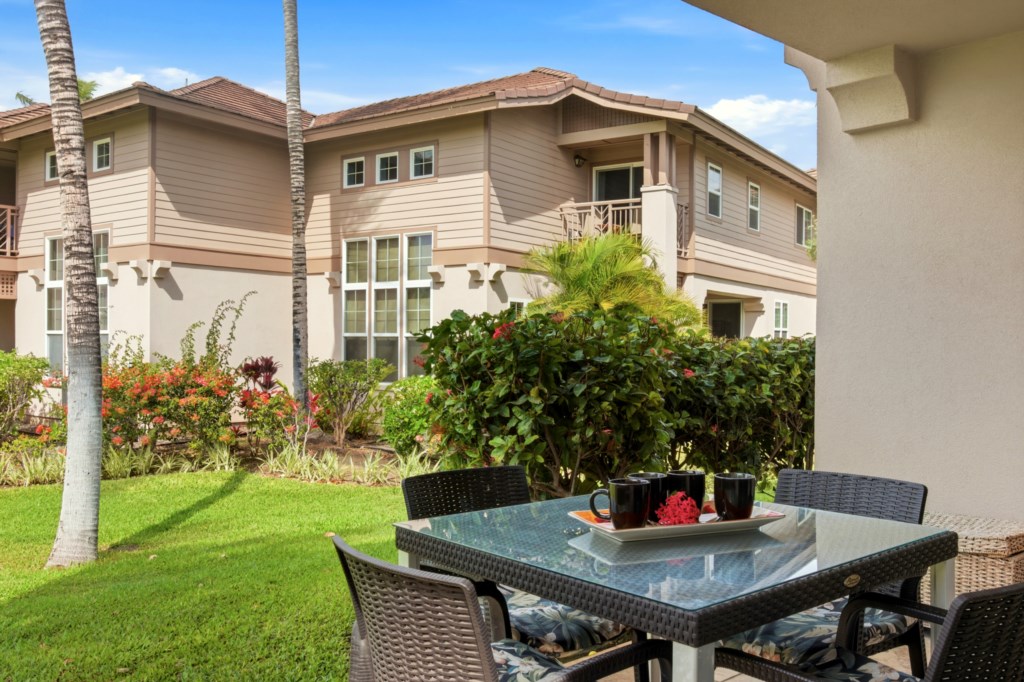 Relax on the patio with garden views, perfect for morning coffee.