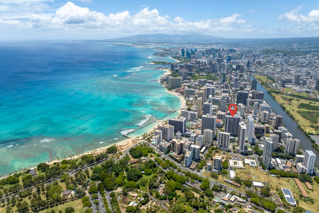 Aerial View of Waikiki & Waikiki Banyan Building 