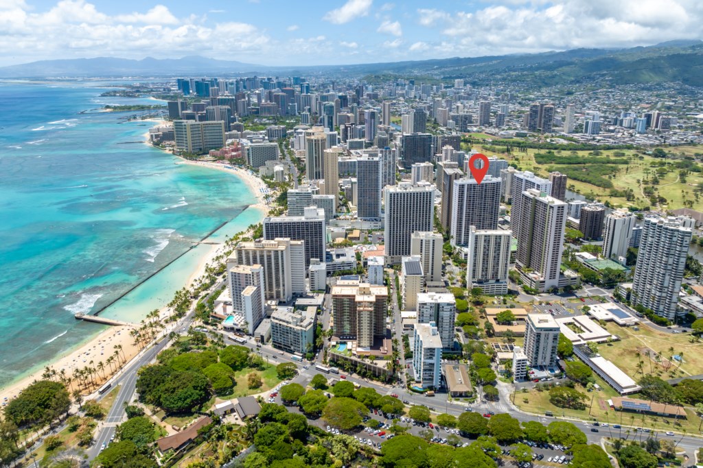 Aerial View of Waikiki & Waikiki Banyan Building 