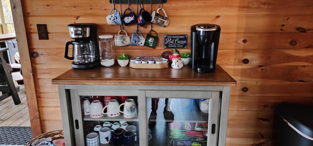 Christmas themed coffee bar - seasonal mugs for coffee and cocoa!! 