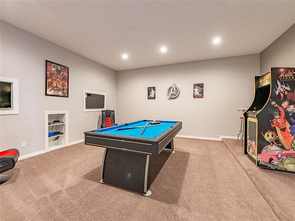 Games Room with Pool Table, Arcade Game Set