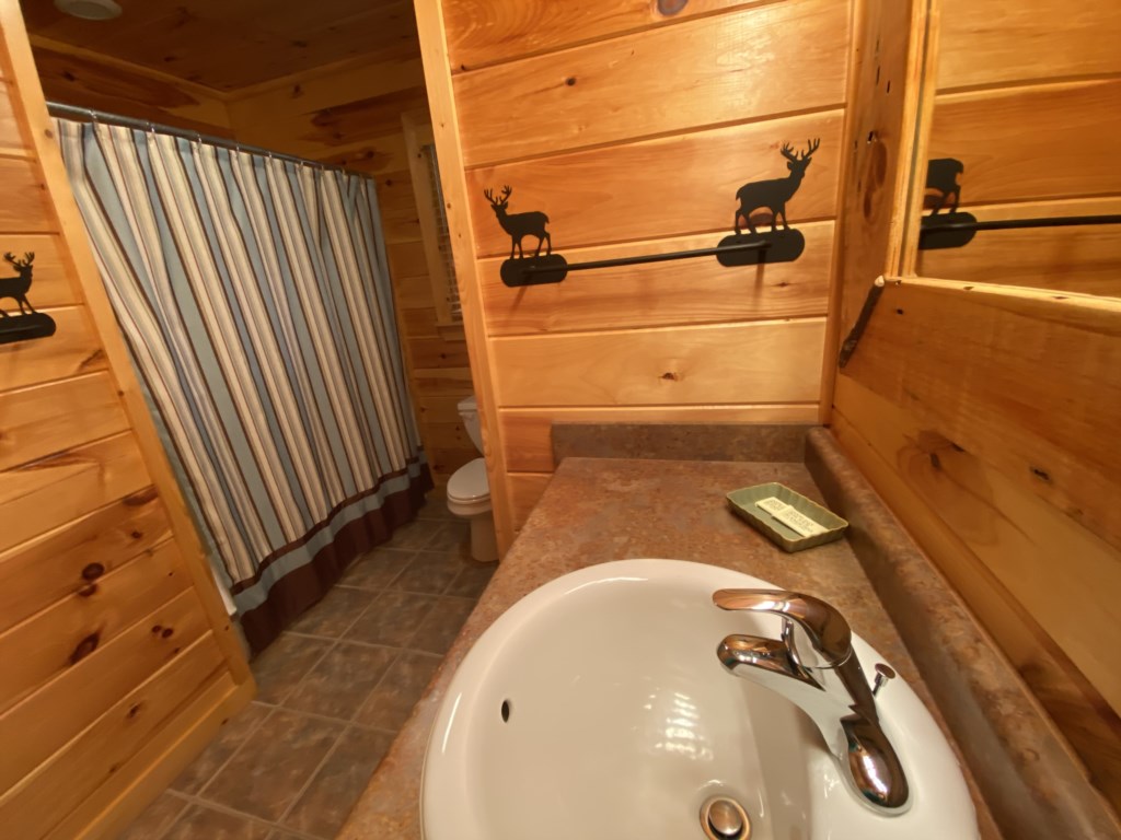 Well equipped bathroom with walk-in shower