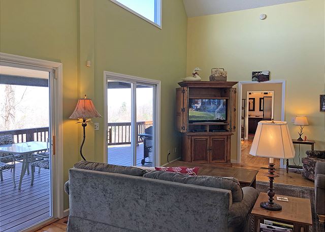 The Great Room etagere contains a flat screen tv and linens for the sleeper sofa.
