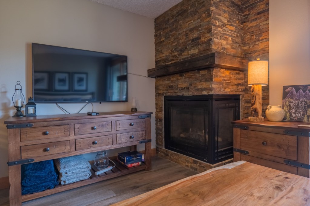 Gas burning fireplace and smart tv