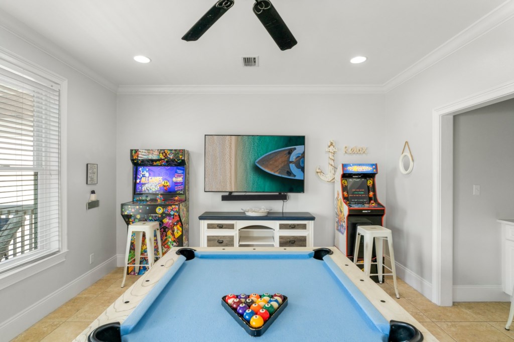 Game Room with Billiards Table, Arcade Machines, and Foosball Table On 2nd Floor