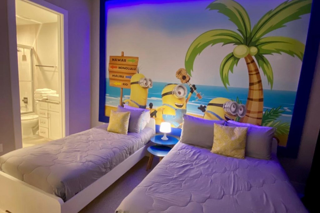 Minions Themed Bedroom with a full + twin bed.