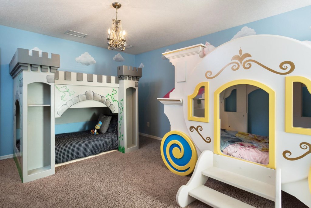 Thrilling upstairs princess/castle-themed bedroom 4 with two custom-built twin bunks