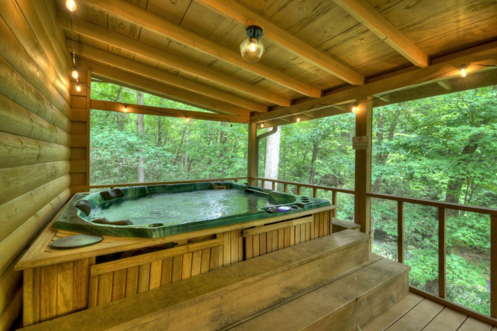 Hot tub on the back deck overlooking the river 