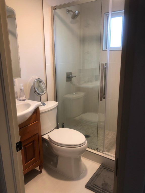 Newly renovated bathroom with walk-in shower.