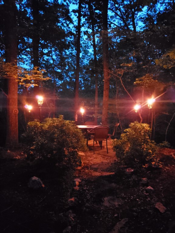 back deck area with torches. 