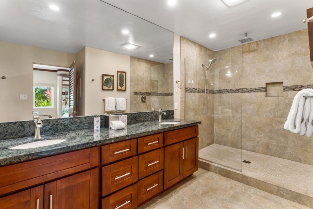 Large Primary Bathroom with walk in shower, double sink