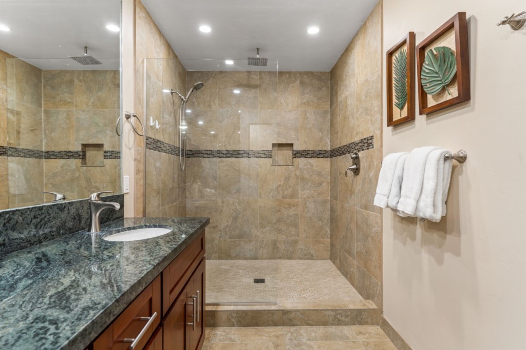 Large Primary Bathroom with walk in shower, double sink