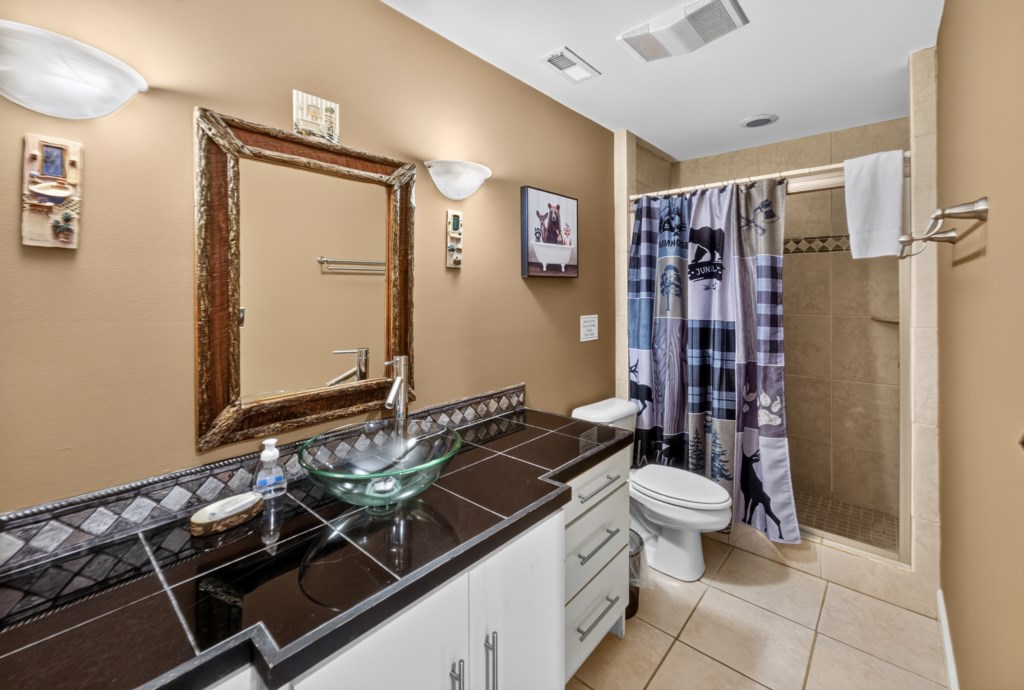 Chic bathroom with a unique glass sink and rustic decor touches.