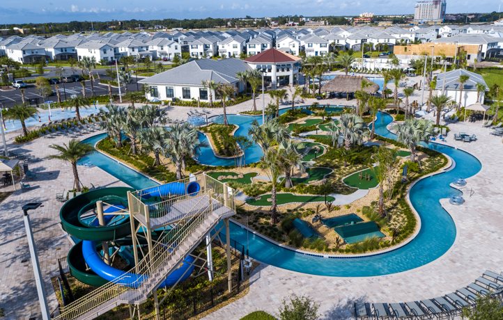 View of the main clubhouse area with lazy river, mini gold, kids splash pad, and more!