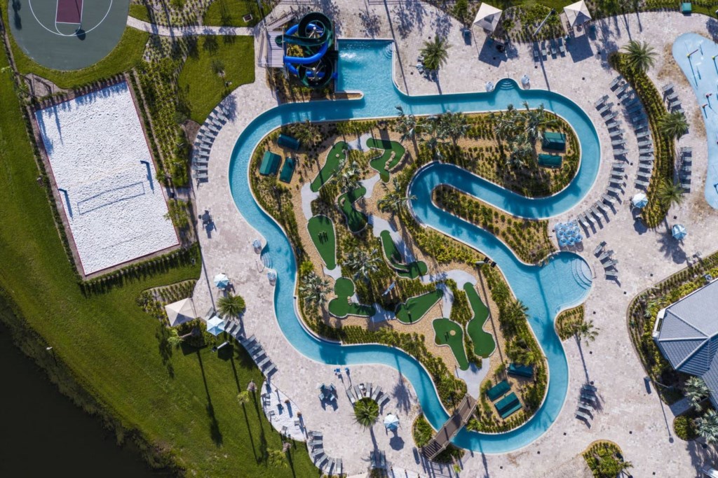 Aerial view of the HideAway Club at Storey Lake, with lazy river, mini golf, water slide and more!