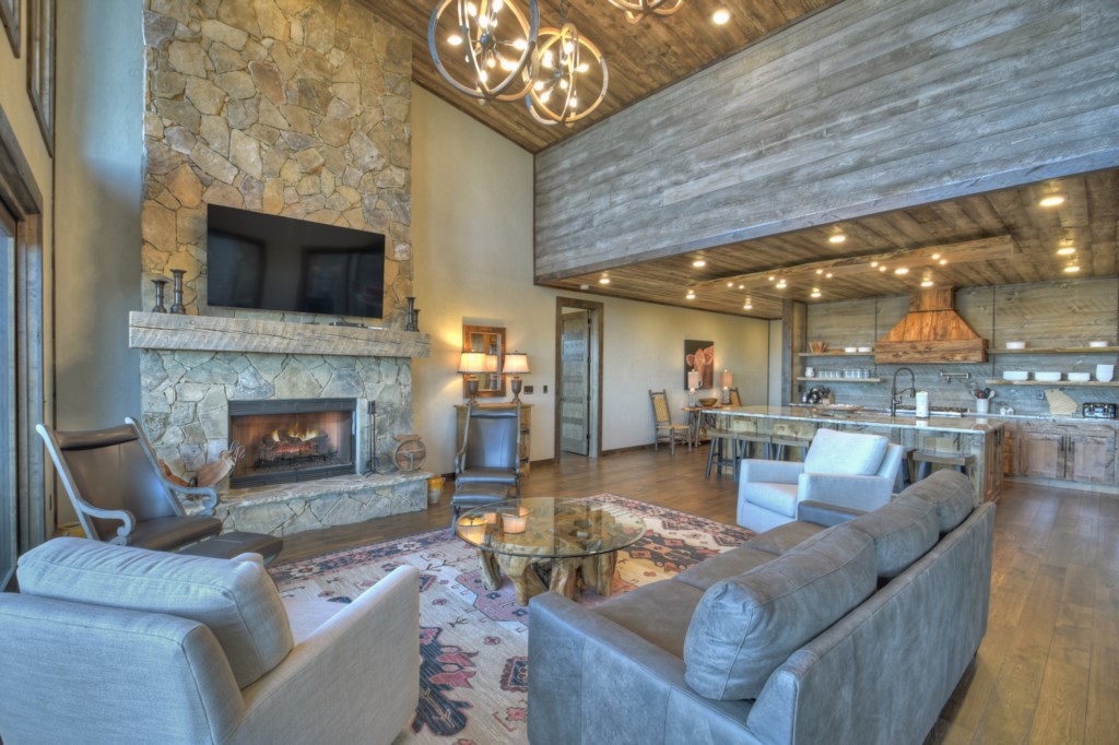 Living area on the main level with a seasonal gas fireplace