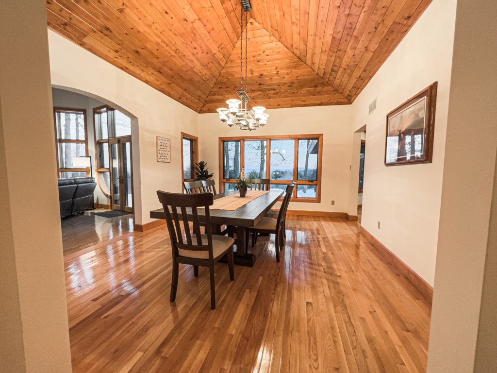 Large dining room space with stunning wood ceiling!