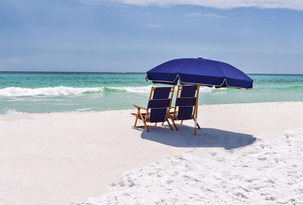 Enjoy a luxury setup of two chairs and a large umbrella during season