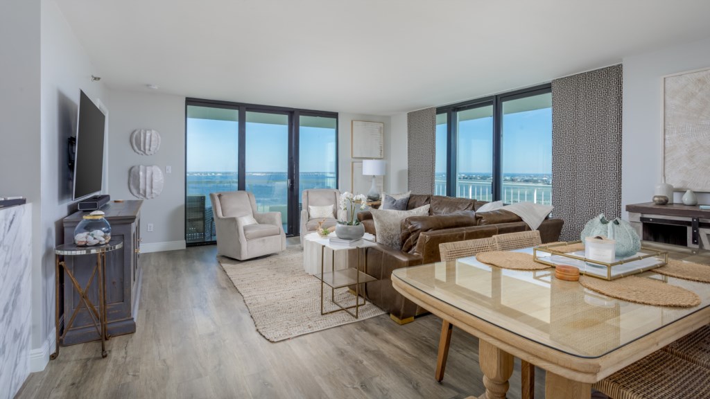 Open living area with views of the bay