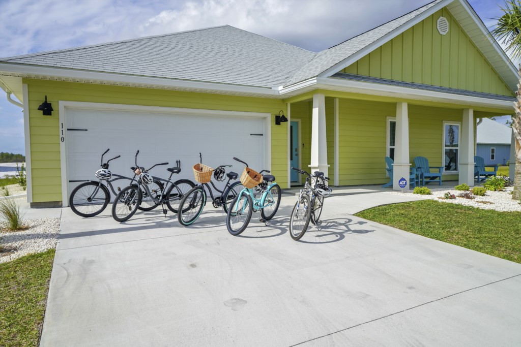 Amenities include 5 adult bikes, 4 beach chairs & umbrella, wagon and cooler 