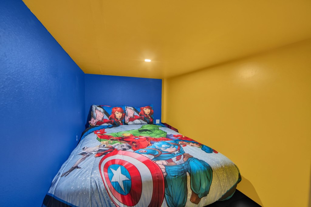 Amazing Avengers room with cool bunk beds with full beds.  Underneath bed!