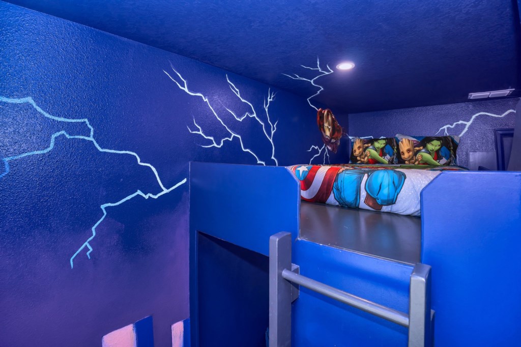 Amazing Avengers room with cool bunk beds with full beds.  Top bed