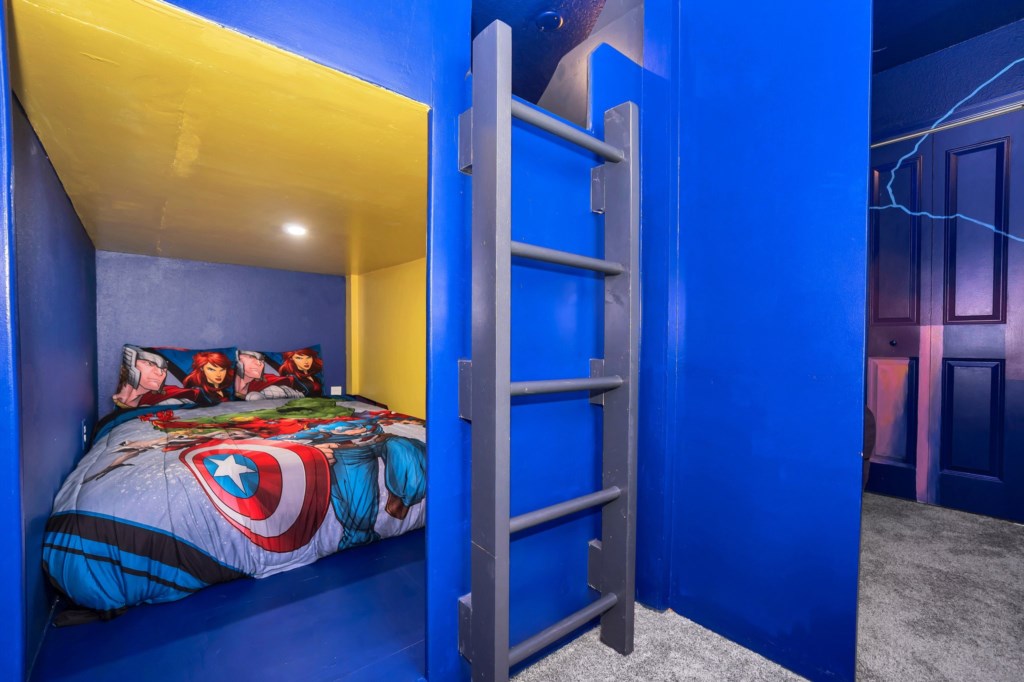 Amazing Avengers room with cool bunk beds with full beds.