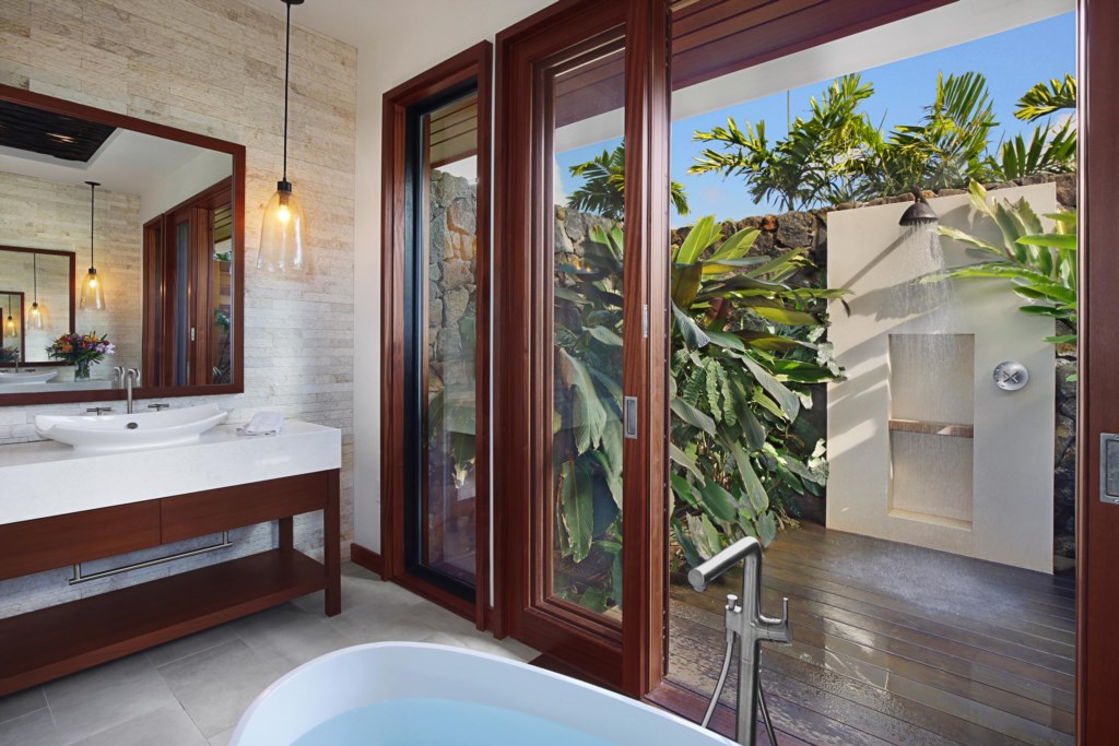 Master Bathroom with soaking tub and outdoor rain shower