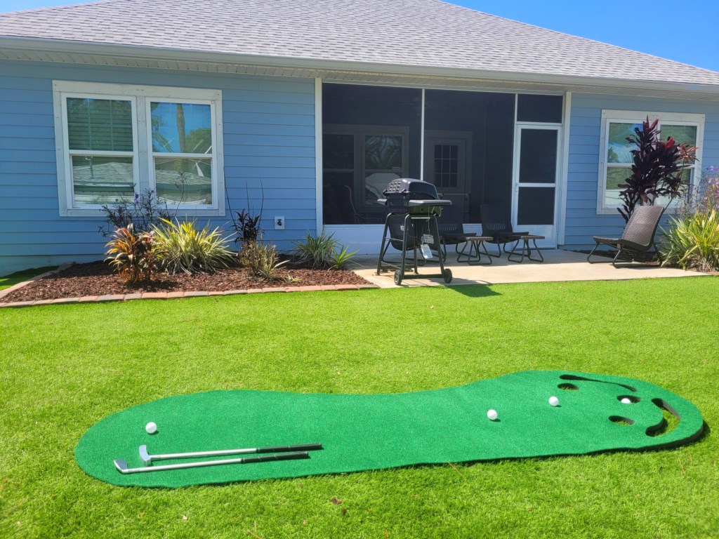 Practice your golf stroke on your own personal putting green.