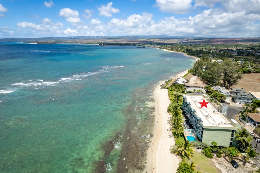 Aerial View Looking Towards Haleiwa - Building Depicted with a RED Star