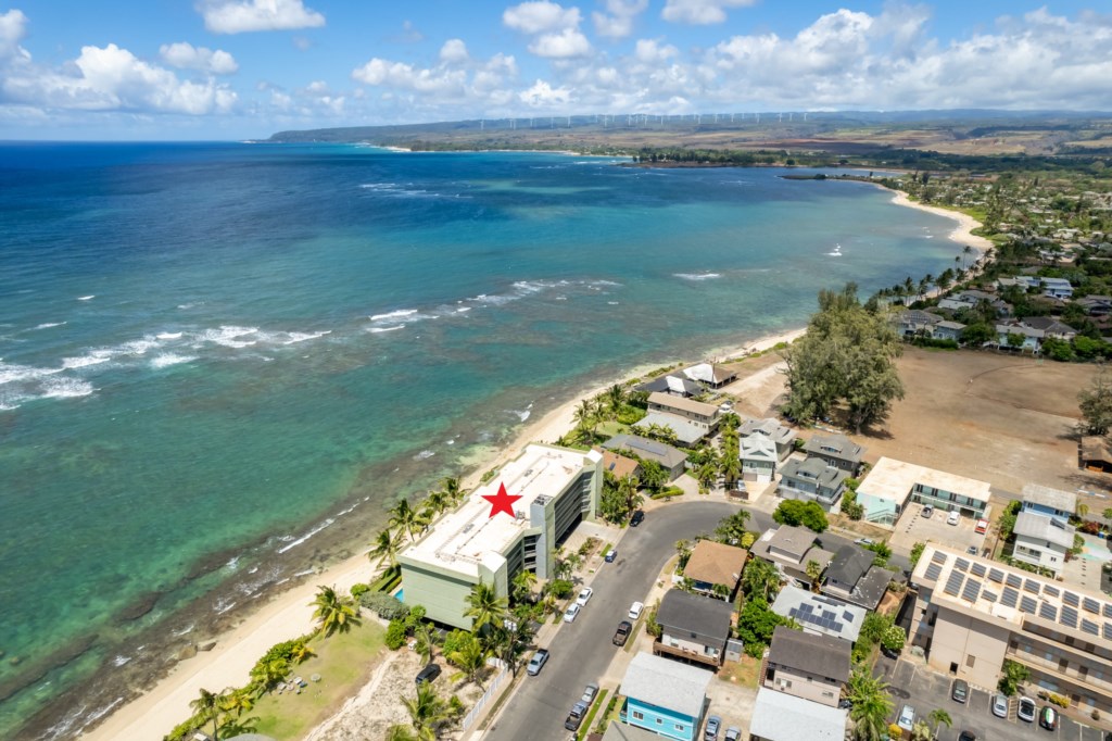Aerial View Looking Towards Haleiwa - Building Depicted with a RED Star