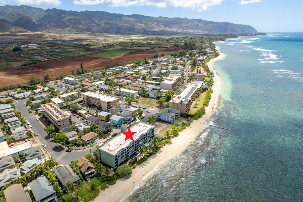 Aerial View Looking Towards Mokuleia - Building Depicted with a RED Star