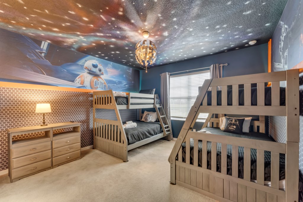 Room 7 Star Wars themed bedroom with (2) Twin over Full bunk beds