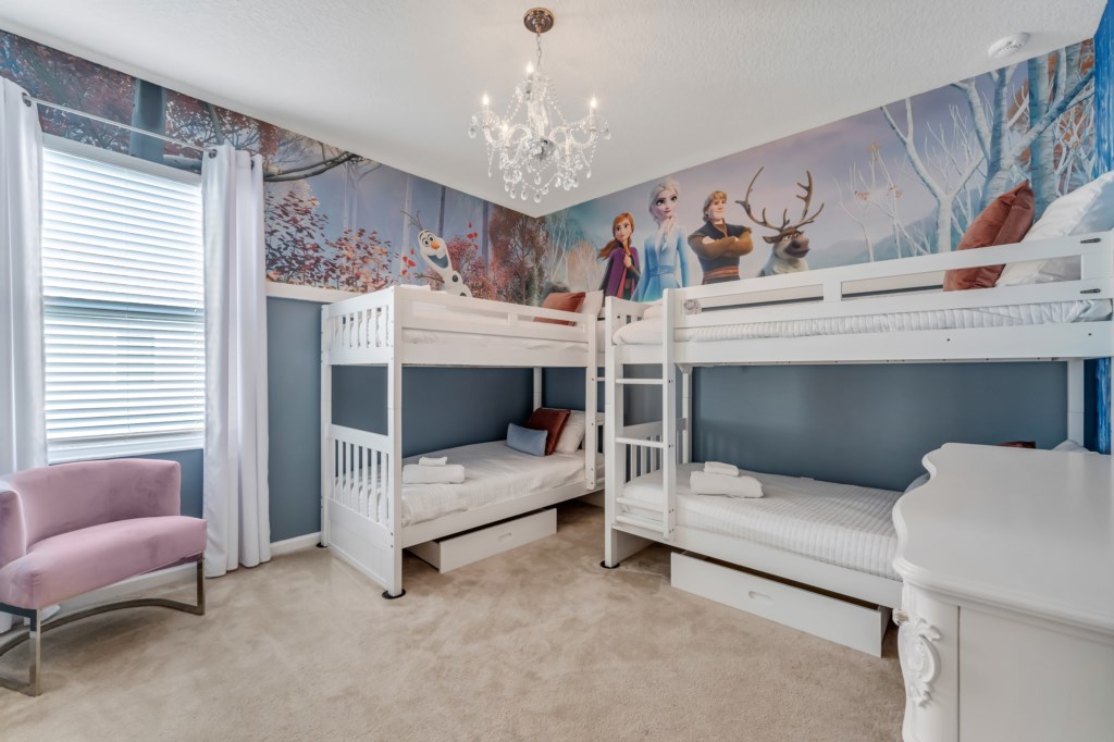 Room 12 Frozen themed bedroom with (2) bunk beds