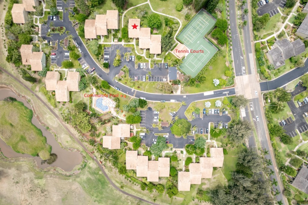 Aerial View Showing Proximity to Community Pool and Tennis Courts
