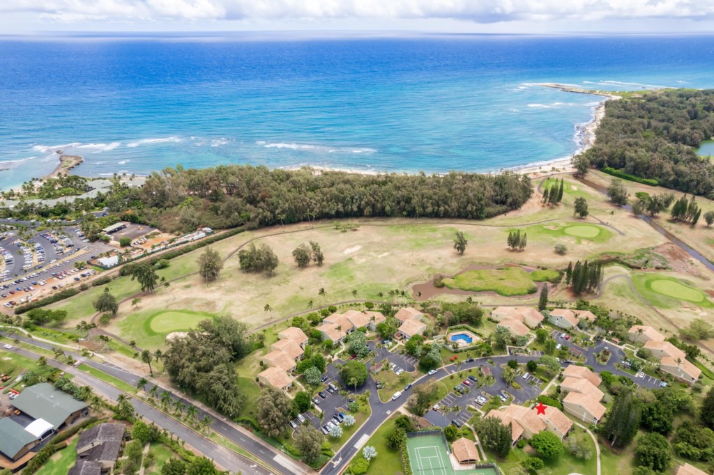 Aerial View Showing Proximity to Ocean/Turtle Bay Resort - Unit Depicted with a RED Star
