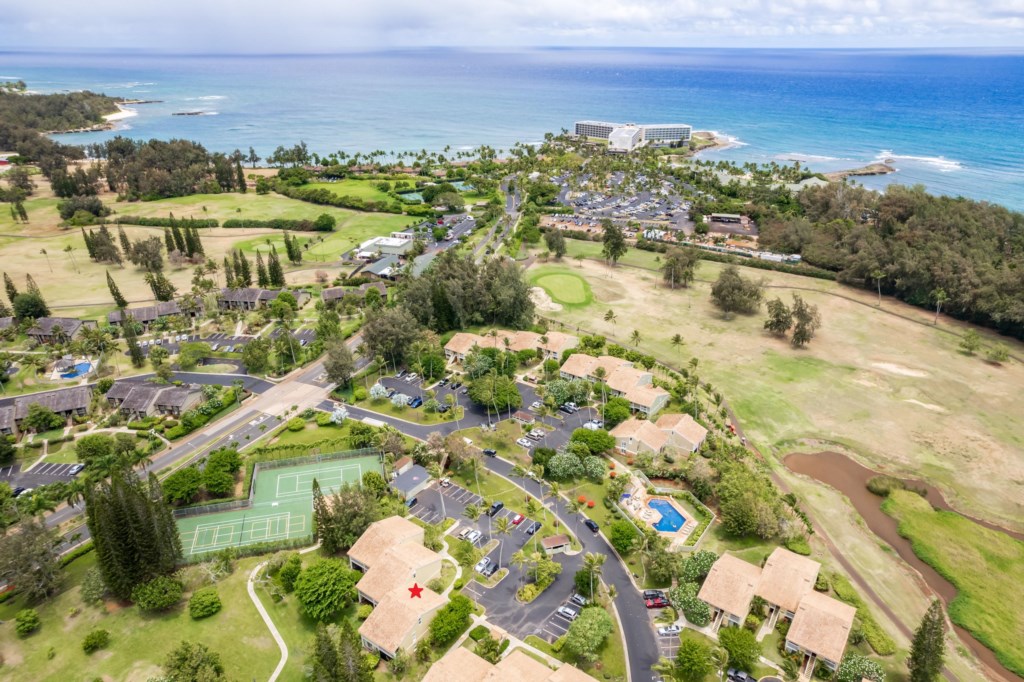 Aerial View Showing Proximity to Ocean and Turtle Bay Resort - Unit Depicted with a RED Star
