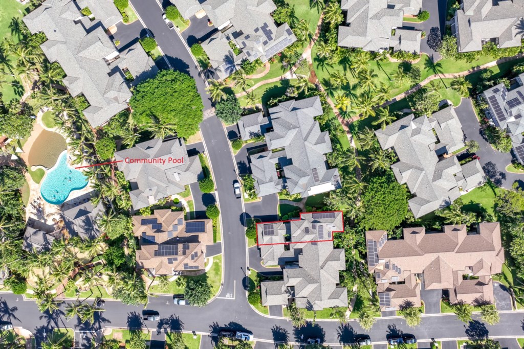 Aerial View of the Property Outlined in Red - Shows Proximity to Community Pool 