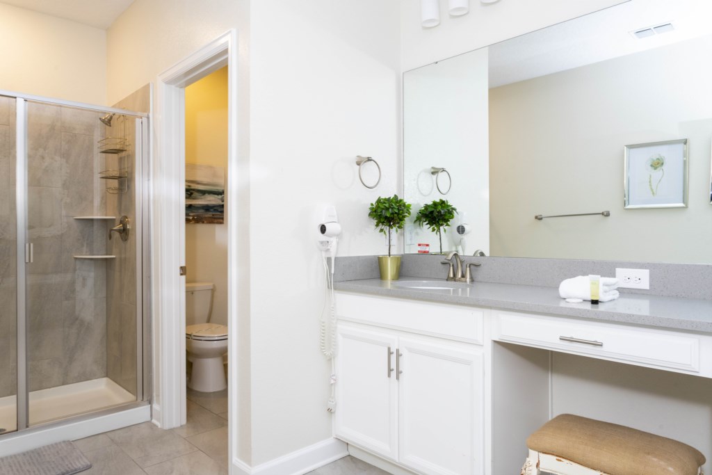 Master suite bathroom w/ walk in shower + tub + double sinks 