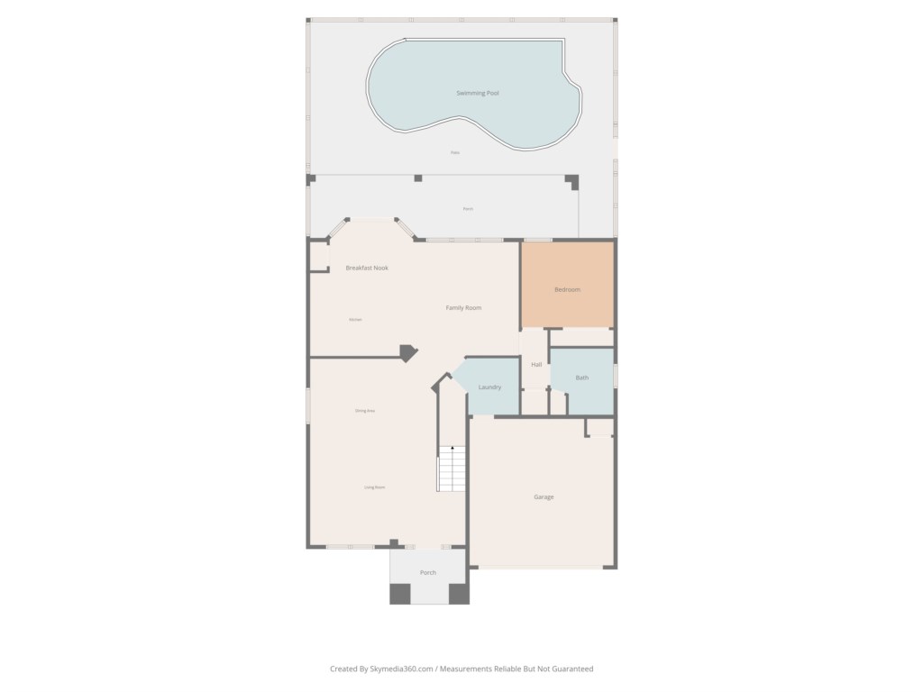 Spacious floor plan with pool, breakfast nook, and open family room for gatherings.