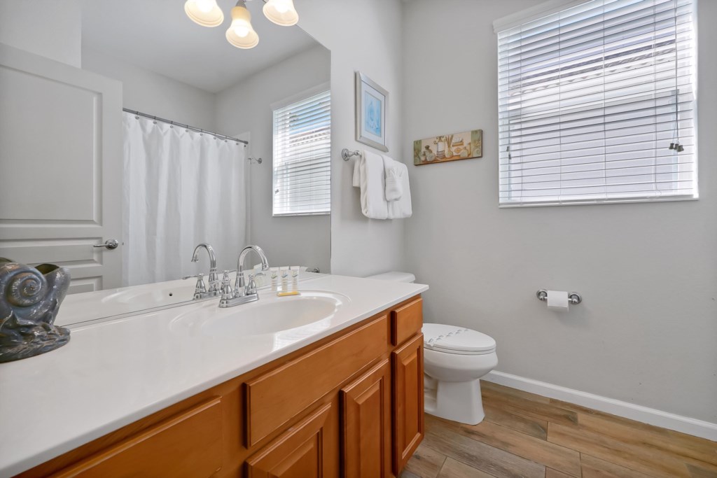 Bright bathroom with vanity  and a relaxing soaking tub and overhead shower